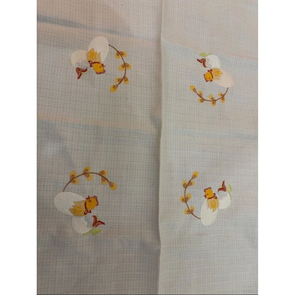 Embroidered Chick Egg White Linen Tablecloth with Crochet Edge